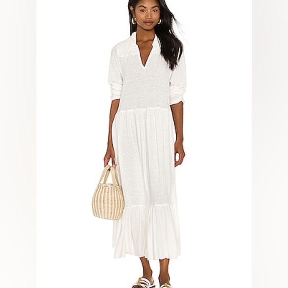 Free People Beach Women's Large White Long Sleeve Midi Dress V-neck Collared - Picture 1 of 12